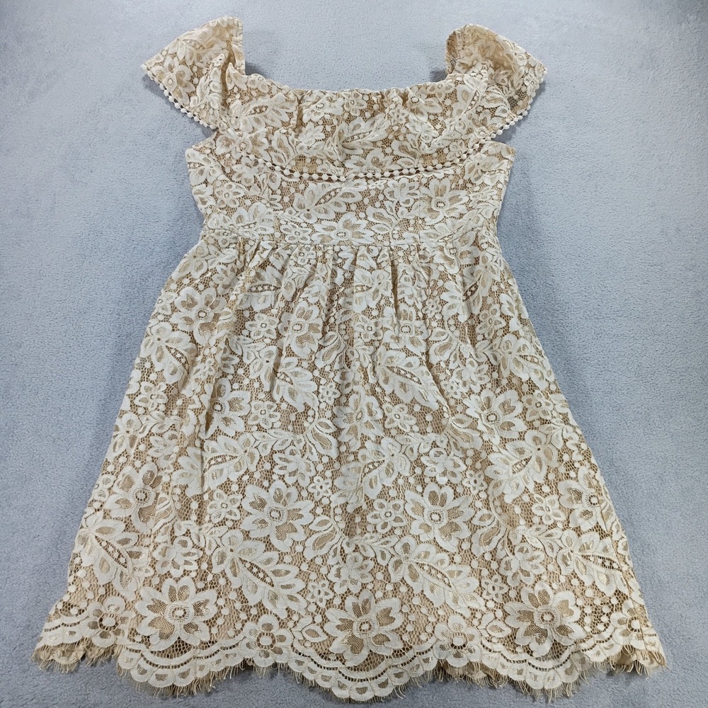 Altar'd State Womens Lace Mini Dress Cream Gold Large Off Shoulder Pom Trim